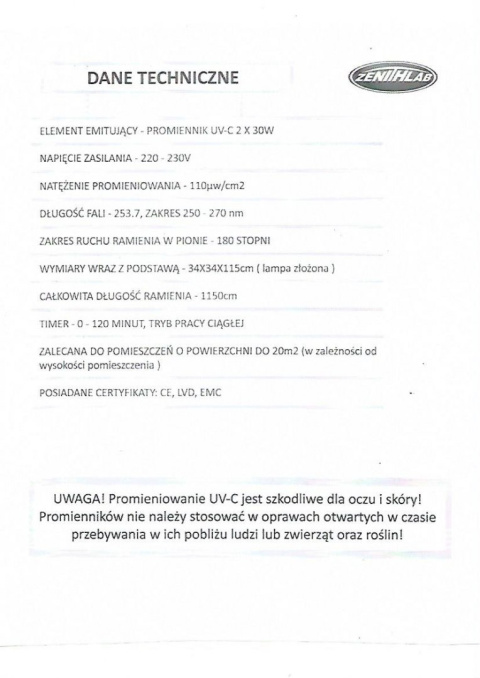 Lampa UVC do sterylizacji powierzchni Lampa UVC do sterylizacji powierzchni